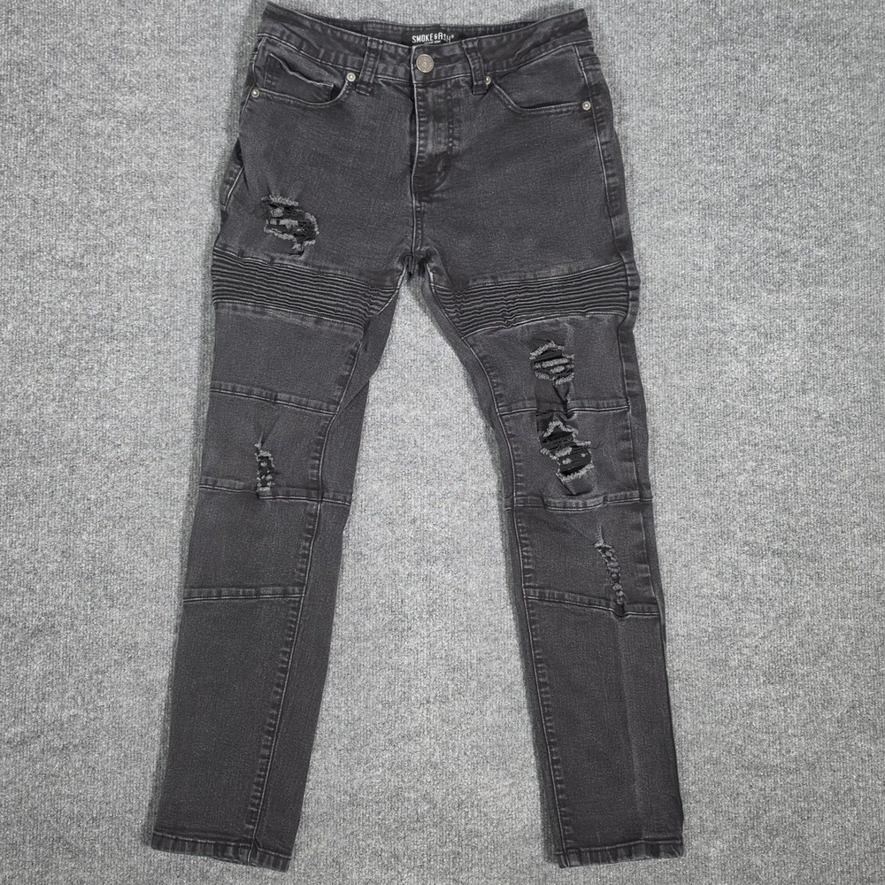 Smoke & Ash Mens Biker Moto Distressed Slim Jeans Black 30x30 RN 159852